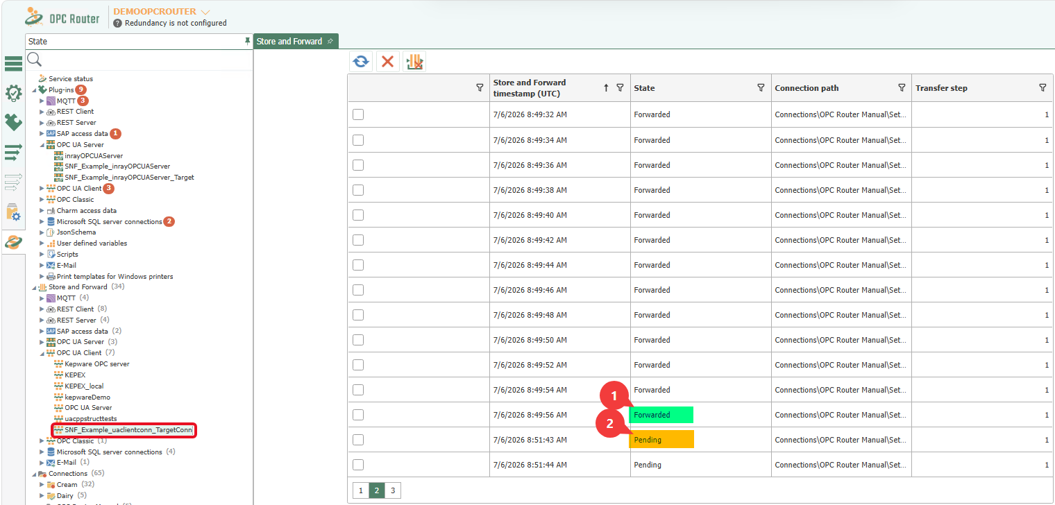 Store-and-Forward-Status einer OPC-UA-Client-Instanz mit weitergeleiteten und ausstehenden Datensätzen