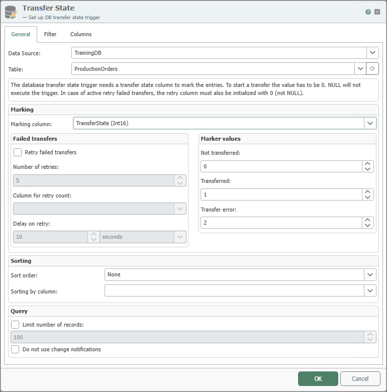 Dialog des Transferstatus-Triggers