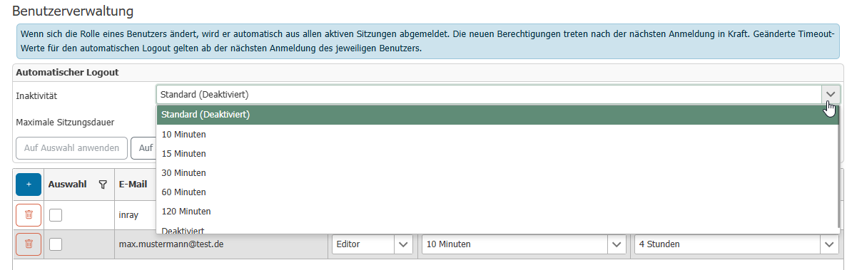 Auswahlliste der Inaktivitätszeiten mit den Einträgen "Standard" und "Deaktiviert"