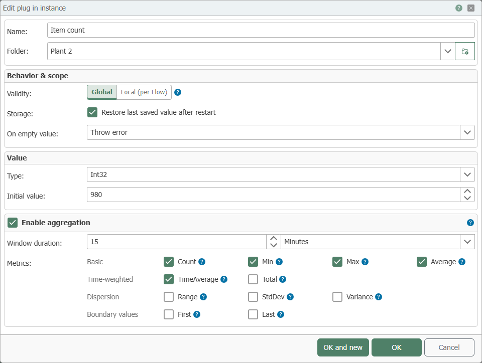 Bearbeiten-Dialog einer Variable mit den Bereichen Verhalten &amp; Geltungsbereich, Wert und aktivierter Aggregation
